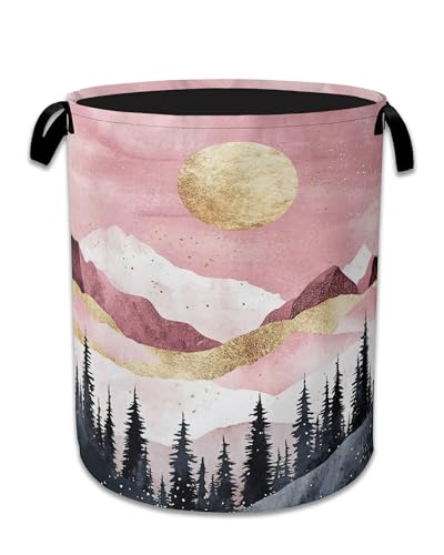 Mountains Laundry Basket,Foldable Oxford Cloth Sun Forest Golden Pink Laundry Hamper with Handles, 20.8"x16" Tote Bag Clothes Storage Bucket for Laundry Room/Bathroom/Bedroom/Dormitories - color: Mountains Sun Forest Golden Pink