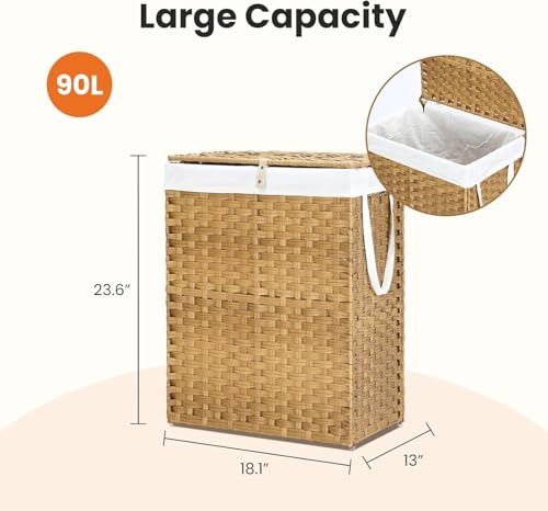 Laundry Hamper with Lid, 90 L Rattan Clothes Laundry Basket with Lid and Handles, Foldable Clothes Hamper, Removable Liner, Goose Yellow - color: Goose Yellow, size: 90 L