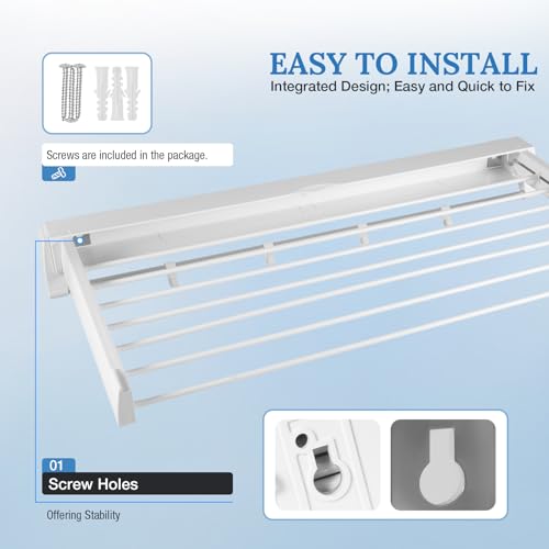 Wall Mounted Clothes Drying Rack with 7 Rods, Laundry Drying Rack Collapsible Aluminum Rods, Drying Rack Clothing for Indoor Outdoor Hanging Clothes (White, 33.07'')