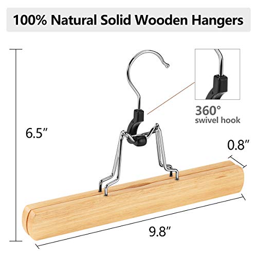 AMKUFO 20 Pack Natural Wooden Pants Hangers with Clips Non Slip Skirt Hangers Trouser Clamp Hanger Solid Wood Hanger with 360° Swivel Hook - color: Natural, size: 20 Pack