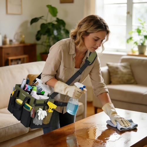 Ytonet Foldable Cleaning Supply Caddy, Wearable Cleaning Tote with Dividers - color: Green, size: Large