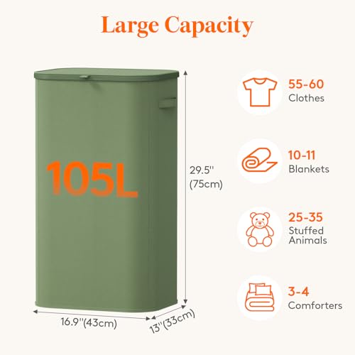 Lifewit 105L Large Laundry Hamper with Lid, Removable Inner Bag, Green - color: Green, size: 105L