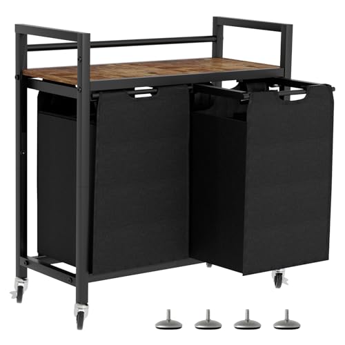 SwaaVee Laundry Sorter, Laundry Hamper with Wooden Top Shelf, 2×14.5Gal(110L), Metal Frame laundry basket with wheels, Pull out and Removable Laundry Bags, 2 Bags-Black - color: Black