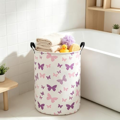 Round Fabric Collapsible Storage Basket with Handles, Purple Butterfly - color: Round-Purple Butterfly