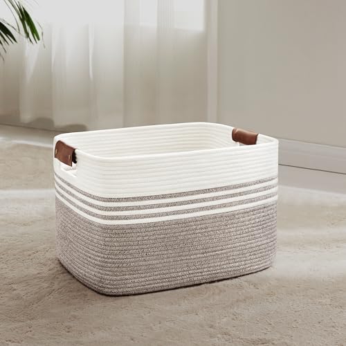45L Woven Laundry Basket Hamper with Leather Handles,Dark Brown - color: Dark Brown, size: 45L
