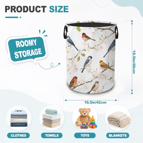 Watercolor Birds Floral Portable Laundry Hamper,Cherry Blossoms Collapsible Clothes Basket with Handles,Waterproof Oxford Cloth Organizer for Dorm Bedroom Bathroom Nursery,16 x 20 Inch - color: Watercolor Birds Floral,Cherry Blossoms