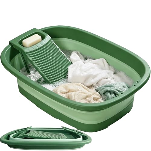 12 Gallon Collapsible Wash Basin with Detachable Washboard, Extra Large Foldable Utility Bucket with Dual Drain Plugs, Portable Household Cleaning Tub for Laundry, Mopping, RV, Camping & Travel