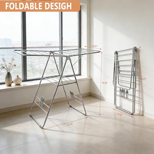 Clothes Drying Rack Foldable -Height Adjustable Laundry Drying Rack Large Space, Winged Laundry Rack with Sock Clips for Hanging Towels Clothes Dress Bedding Indoor Outdoor, Gray - size: 1-Level