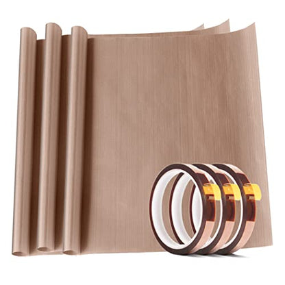 3 Pack PTFE Teflon Sheet 12 x 16" and 3 Rolls 10mm X 33m Heat Resistant Sublimation Thermal Tape for Heat Press Transfer,Non Stick Paper Reusable Craft Mat,Protects Iron,for Machines - size: 12 x 16 inch