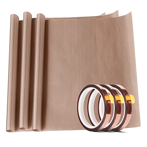 3 Pack PTFE Teflon Sheet 12 x 16" and 3 Rolls 10mm X 33m Heat Resistant Sublimation Thermal Tape for Heat Press Transfer,Non Stick Paper Reusable Craft Mat,Protects Iron,for Machines - size: 12 x 16 inch