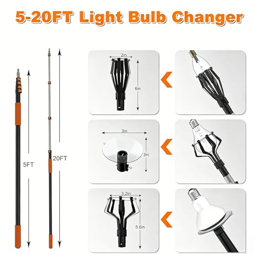26FT Reach Light Bulb Changer for High Ceilings, 5-20FT Telescoping Pole