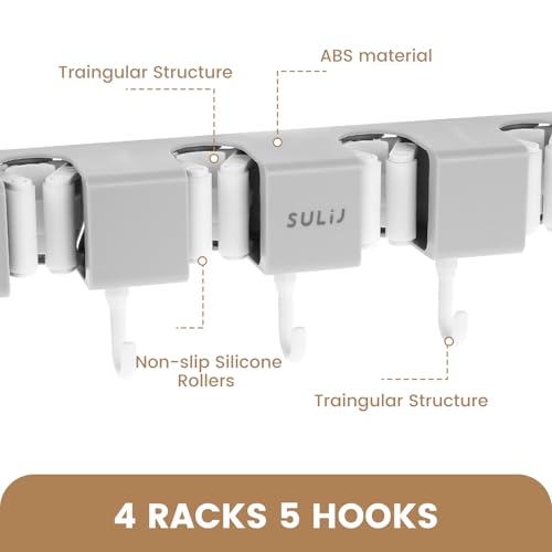 2Pcs Broom Holder Wall Mount, No-Drilling Self-Adhesive Mop and Broom Storage Rack with Hooks (4 Racks with 5 Hooks), Wall-Mounted Broom Hanger for Bathroom, Kitchen, Closet, Garage (Grey) - color: Grey