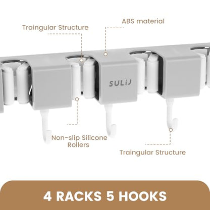 2Pcs Broom Holder Wall Mount, No-Drilling Self-Adhesive Mop and Broom Storage Rack with Hooks (4 Racks with 5 Hooks), Wall-Mounted Broom Hanger for Bathroom, Kitchen, Closet, Garage (Grey) - color: Grey