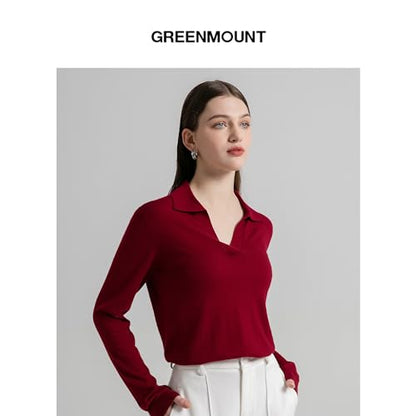 GreenMount Women's Deep V-Polo Casual Loose Cashmere Sweater Pullover Lapel Long Sleeve for Women Keep 37.5° Warm - color: Wine(spring/Summer), size: Medium
