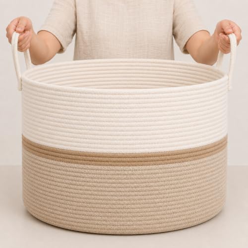 OrganiHaus Round Toy Basket & Blanket Basket, Cotton Rope 20x13" - color: Striped Honey, size: Wide