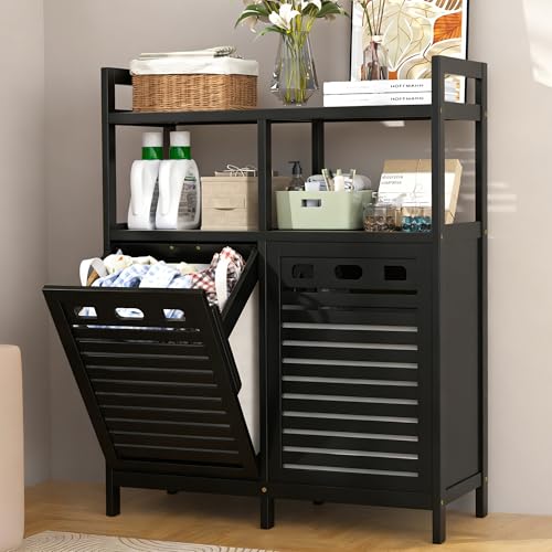 VASMIA Tilt Out Laundry Hamper Cabinet, Bamboo Double Laundry Hamper with 2 Removable Laundry Baskets, 20 Gal Laundry Sorter Organizer with Shelf for Dirty Clothes, Bathroom, Laundry Room, Natural - color: Black, size: 31.1"L x 13.6"W x 39.1"H