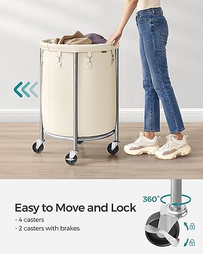 SONGMICS Laundry Basket with Wheels, 29 Gal., Steel Frame, Removable Bag - color: Cream White + Metallic Silver, size: 110 L (1-Section)