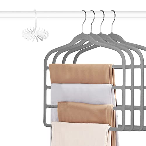 Tinfol Gray Velvet Pants Hangers Space Saving, 4pc Non-Silp Pant Hanger, Jeans Slack Trousers Hangers, Multi Layer Clothes Hanger Closet Organizer Perfect for Pants,Trouser,Jeans - color: Gray