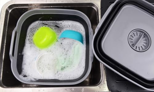 SAMMART 10L (2.64 Gallon) Collapsible Dishpan with Draining Plug - Foldable Washing Basin - Portable Dish Washing Tub - Space Saving Kitchen Storage Tray (1, Grey/Black) - color: Grey/Black
