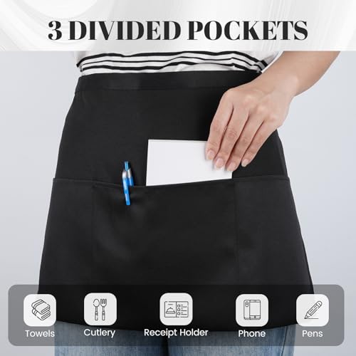 Serrenf 3 Pcs Server Apron with 3 Pockets, aprons for women with pockets, waterproof apron with waitress apron, aprons for men black apron