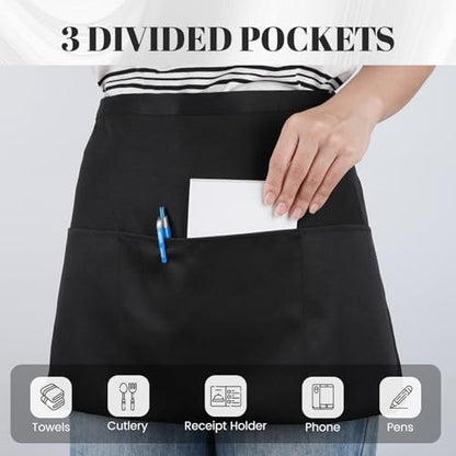 Serrenf 3 Pcs Server Apron with 3 Pockets, aprons for women with pockets, waterproof apron with waitress apron, aprons for men black apron