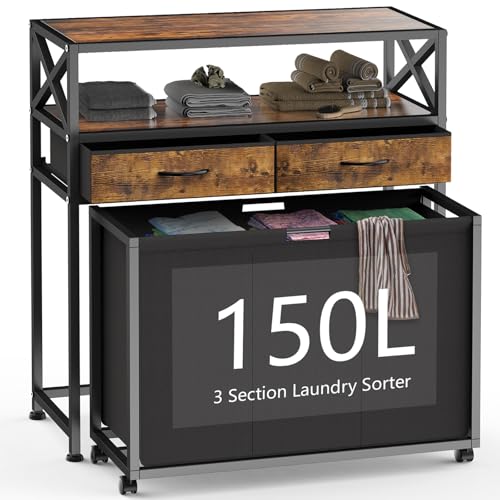 150L Laundry Sorter Hamper 3 Section with 2 Shelves & 2 Drawers - color: Brown, size: 150L