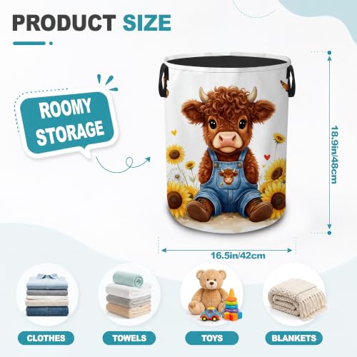 Laundry Hamper,Cute Highland Cow Collapsible Laundry Basket with Handles,Sunflower Farm Waterproof Oxford Cloth Clothes Organizer for Bedroom Bathroom Dorm Nursery,16 x 20 Inch - color: Cute Highland Cow,Sunflower Farm