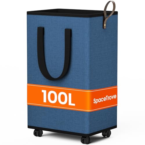 SpaceTrove Rolling Laundry Basket with Wheels, Laundry Hamper, 100L, Navy - color: Navy, size: 100L