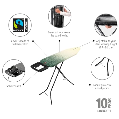 Brabantia Comfort Ironing Board with Solid Steam Iron Rest | Medium (Size B) | Fairtrade New Dawn Cover | Adjustable Height (27-38"), Easy Fold, Anti-Collapse Lock, Non-Slip Feet