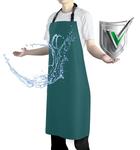 Waterproof Apron with Comfortable Adjustable Bib Rubber Vinyl Dishwasher Heavy Duty Apron for Men Women Dishwashing - color: Dark Green