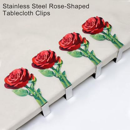 yueton 4PCS Stainless Steel Rose Tablecloth Clips Elegant Flower Table Cloth Holders Windproof Outdoor Wedding Party Decorations for Patio, Garden, Picnic