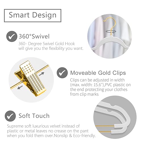 MIZGI Premium Velvet Pants Hangers with Adjustable Clips (Pack of 20) Slim Skirt Hangers- Non Slip Felt Outfit Dress Hangers White - Gold Hooks,Space Saving Shirt Clothes Hangers - color: White/Gold, size: 20-Pack