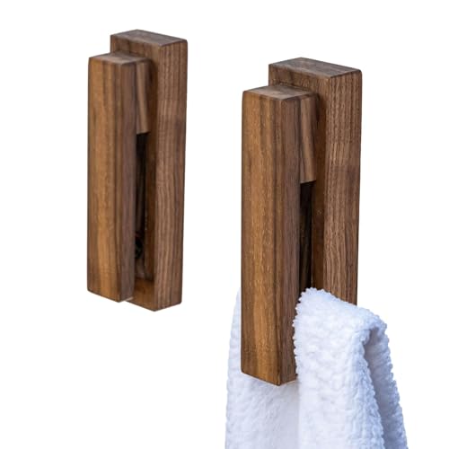 Wood Towel Hooks -Set of 2 Self Adhesive Vintage Towel Holder Wooden Wall Mounted Towel Racks for Bathroom and Kitchen Home Decor- Quick Drying, Firmly Holds Towel(Walnut) - color: Walnut