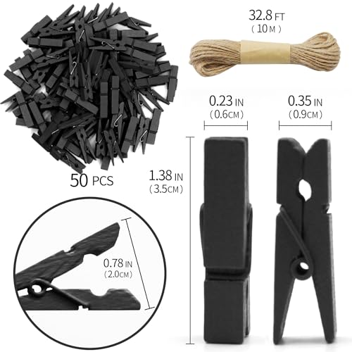 1.35 Inch Mini Clothes Pins for Photo100 Pcs with 32 Feet Jute Twine, Mini Clothes Pins for Crafts, Wooden Small Clothespins for Pictures, Tiny Decorative Clothespins for Baby Shower - Black - color: Black 100pcs