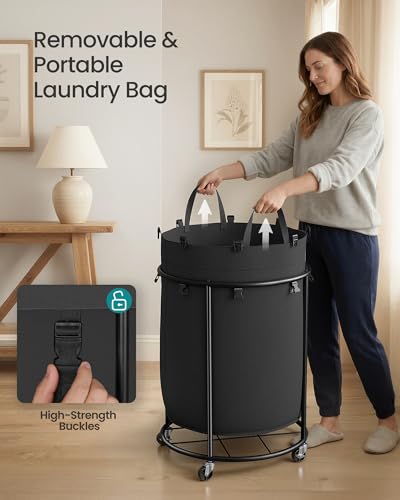 SONGMICS Laundry Basket with Wheels, Removable Liner Bag, 45 Gallon (170 L) - color: Ink Black, size: 170L-Rolling Round