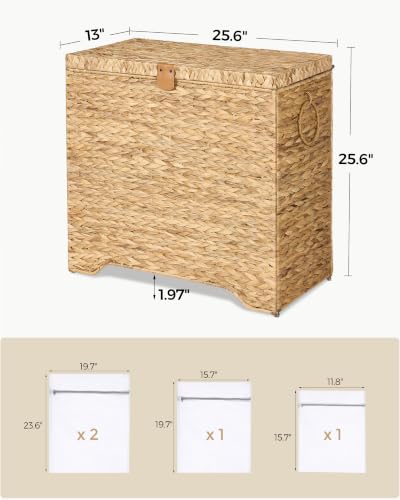 130L Wicker Laundry Hamper, 3-Section Laundry Basket with Lid