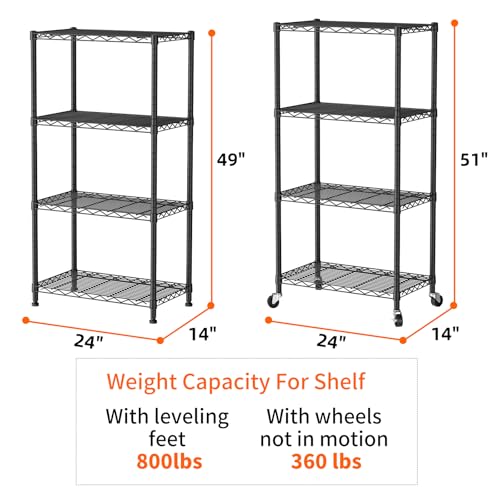 SINGAYE 4 Shelves Storage Wire Shelf Closet Metal Shelving Pantry Wheels - color: Black, size: 4Tier/14"D X 24"W X 49"H