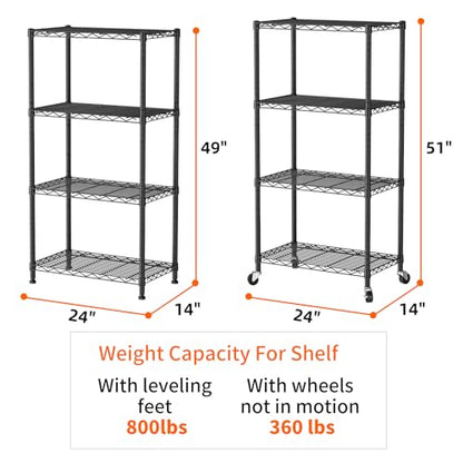 SINGAYE 4 Shelves Storage Wire Shelf Closet Metal Shelving Pantry Wheels - color: Black, size: 4Tier/14"D X 24"W X 49"H