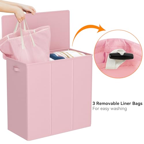 WOWLIVE 180L Laundry Hamper 3 Section, Large Laundry Basket with Lid - color: Pink, size: 180l (31.5"L x 12.5"W x 28"H)