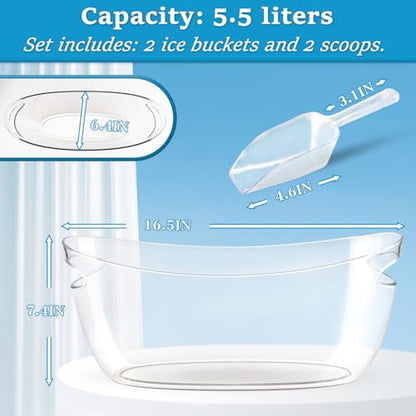 2Pcs Clear Ice Buckets for Parties, 5.5L Acrylic Champagne Bucket with Scoop, Mimosa Bar Supplies, Plastic Tub for Drinks, Cocktail Bar, Wine, Beer, Soda,Beverage,Cooler