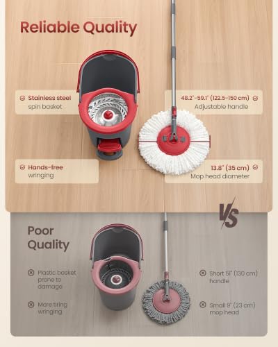 SONGMICS Spin Mop and Bucket Set with Pedal Wringer, 2 Microfiber Pads - color: Gray + Red, size: 2 Pads