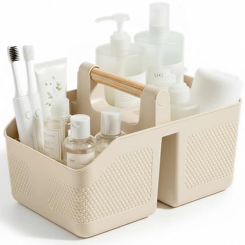 Plastic Shower Caddy Portable Shower Basket with Bamboo Handle, Cream - color: Cream