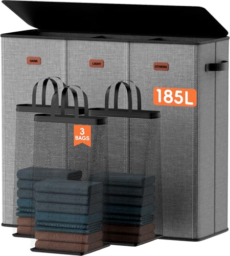 185L Laundry Hamper 3 Section, Laundry Hamper with Lid, Dirty Clothes Hamper with 3 Removable Washing Bags, Extra Large Laundry Basket Organizer for Bedroom, Laundry Room, Dorm - Gray - color: Grey, size: 48.86 Gal - 3 Section