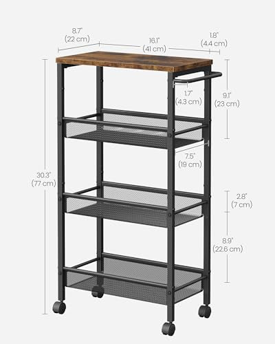 VASAGLE 4-Tier Slim Rolling Storage cart with Wheels, 8.7 Inches, Metal - color: Rustic Brown + Classic Black, size: 4 Tiers (8.7"D x 30.3"H)