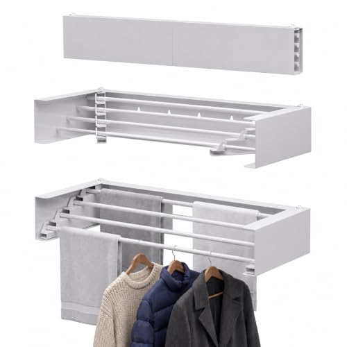 Wall Mounted Drying Rack, 23.6" Retractable Clothes Drying Rack, Heavy Duty 60LB Capacity with 4 Stainless Steel Rods, Foldable Laundry Rack for Indoor Laundry Room, Balcony & Bathroom - color: Standard, size: Width 21.6"