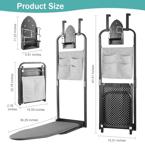 Seiritex Over the Door Ironing Board 13x36 inches with Iron Holder and Pocket Storage Bag, Hanging Iron Board for Home Laundry Room, Black - size: 13x36 inches