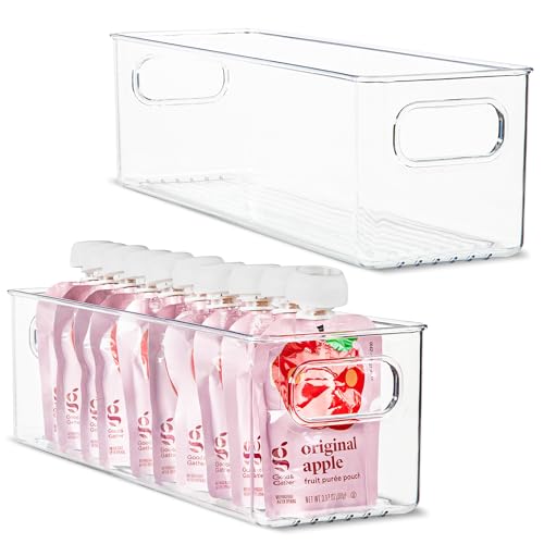 Plastic Food Storage 2 Pack Clear Container Bin with Handles for Organizing Kitchen, Pantry, Refrigerator, Freezer, Pantry, Cabinet, Closet, Bathroom. 14”X4”x4” - size: 14x4x4