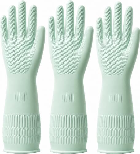 Rubber Dishwashing Gloves, 3 Pairs, Long Cuff Cleaning Gloves - color: Green (3 Pairs), size: Small