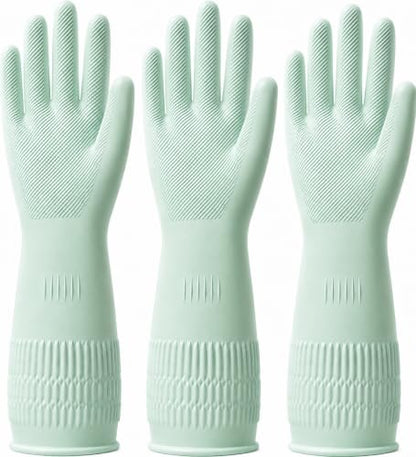 Rubber Dishwashing Gloves, 3 Pairs, Long Cuff Cleaning Gloves - color: Green (3 Pairs), size: Large