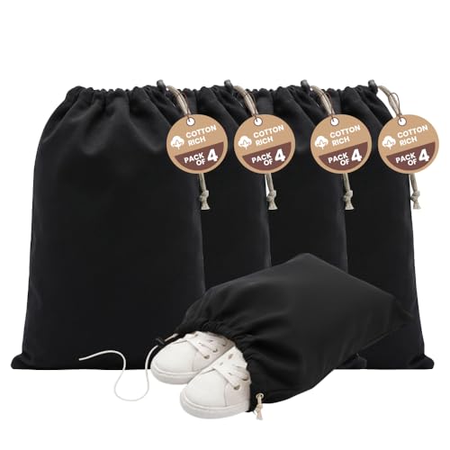 LFH Cotton Rich Shoe Storage Bags with Drawstring, Dustproof Breathable Reusable Organizer, Perfect For Travel, Dorm, Hotel, College, Gym, Machine Washable 12"x17" (Pack of 4) - Black sand - color: Black Sand, size: 12"x17" (Pack of 4)